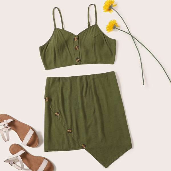 

Plus Button Up Cami Top With Asymmetrical Skirt, Green