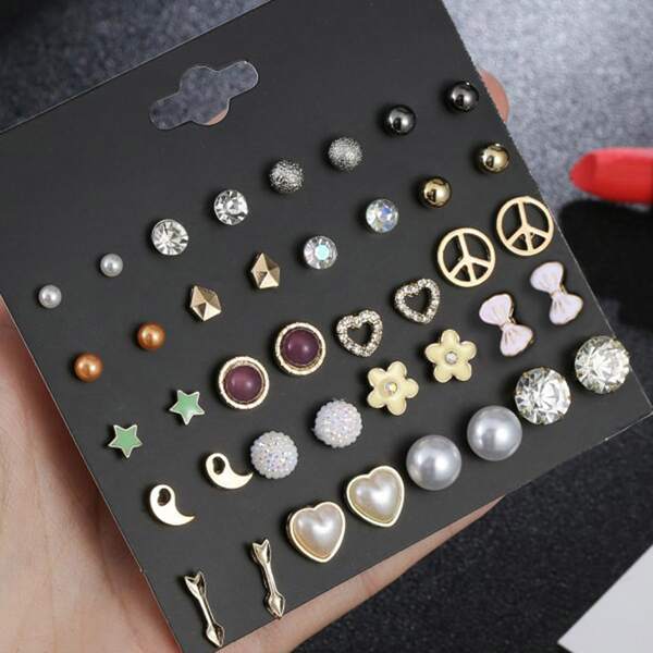 

20pairs Bow & Heart Design Stud Earrings, Multicolor