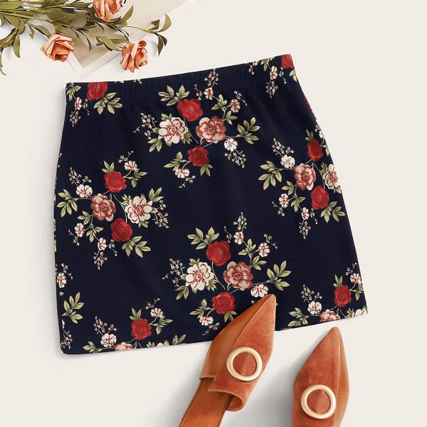 

Plus Floral Print Mini Skirt, Navy