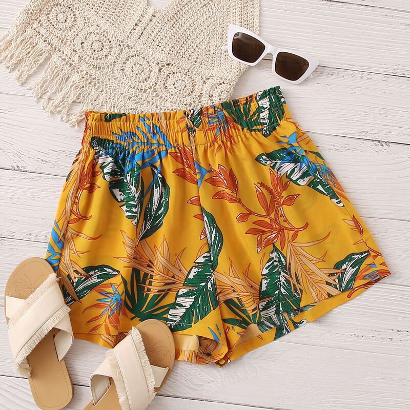 

Tropical Print Wide Leg Shorts, Yellow