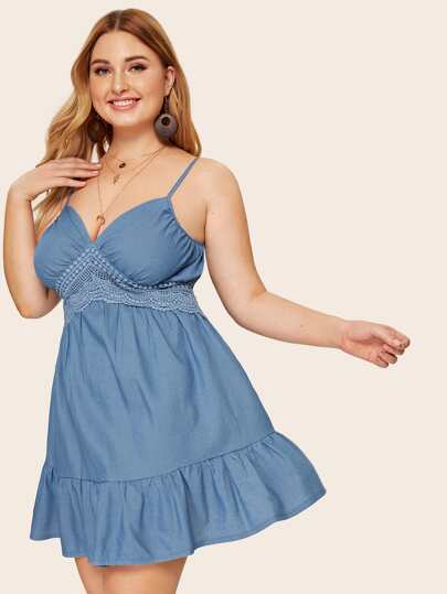 Plus Lace Panel Ruffle Hem Cami Denim Dress