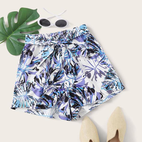 

Tropical Print Self Tie Shorts, Multicolor