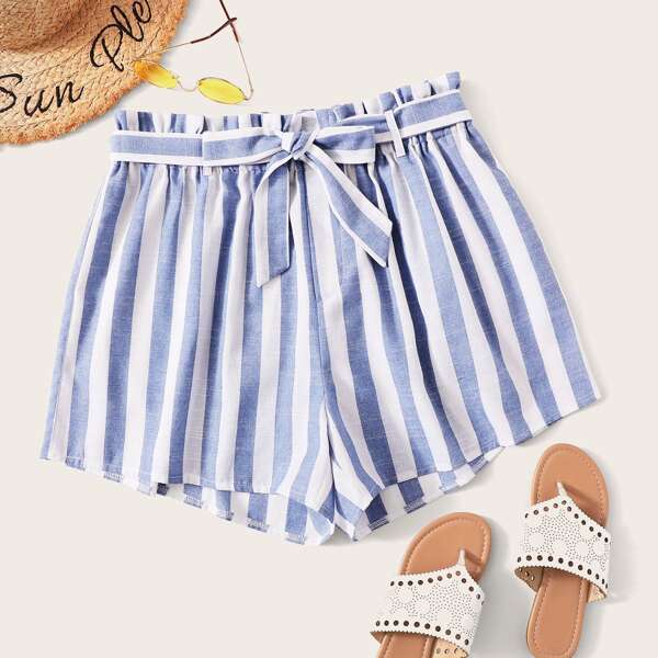 

Plus Striped Belted Paperbag Shorts, Multicolor