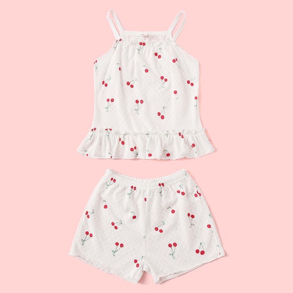 

Toddler Girls Cherry Print Ruffle Hem Cami PJ Set, White