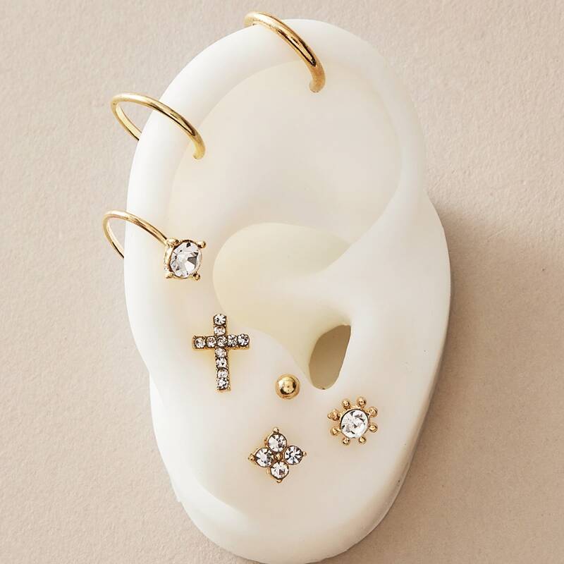 

7pcs Rhinestone Engraved Cross Decor Earrings, Gold