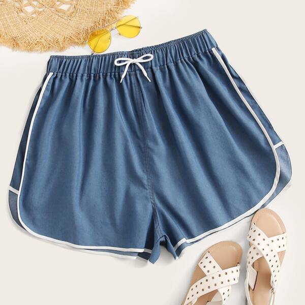 

Plus Contrast Binding Drawstring Waist Denim Shorts, Blue
