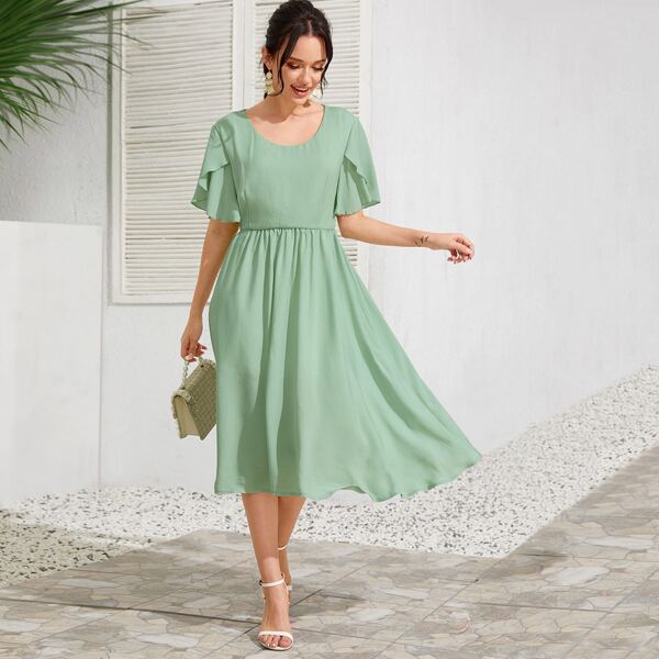 

Solid Petal Sleeve A-Line Dress, Green
