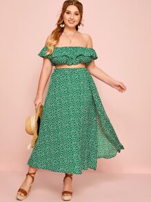 Plus Daisy Floral Print Off Shoulder Top & Split Skirt - Green - View 1