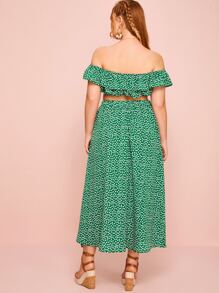 Plus Daisy Floral Print Off Shoulder Top & Split Skirt - Green - View 2