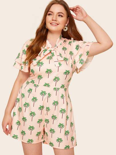 Plus Tie Neck Tropical Print Romper