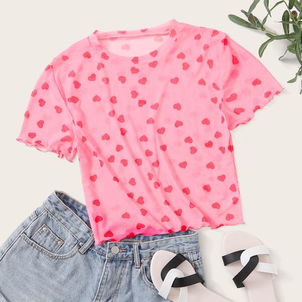 

Прозрачный сетчатый топ с сердечным принтом, Розовые