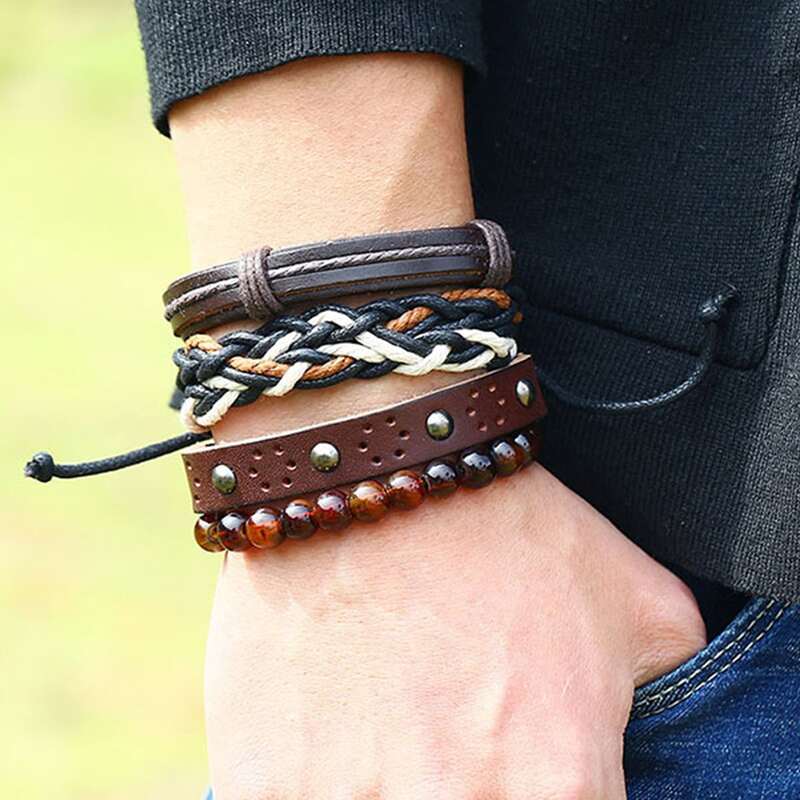 

4pcs Guys Beaded & Studded Bracelet, Multicolor