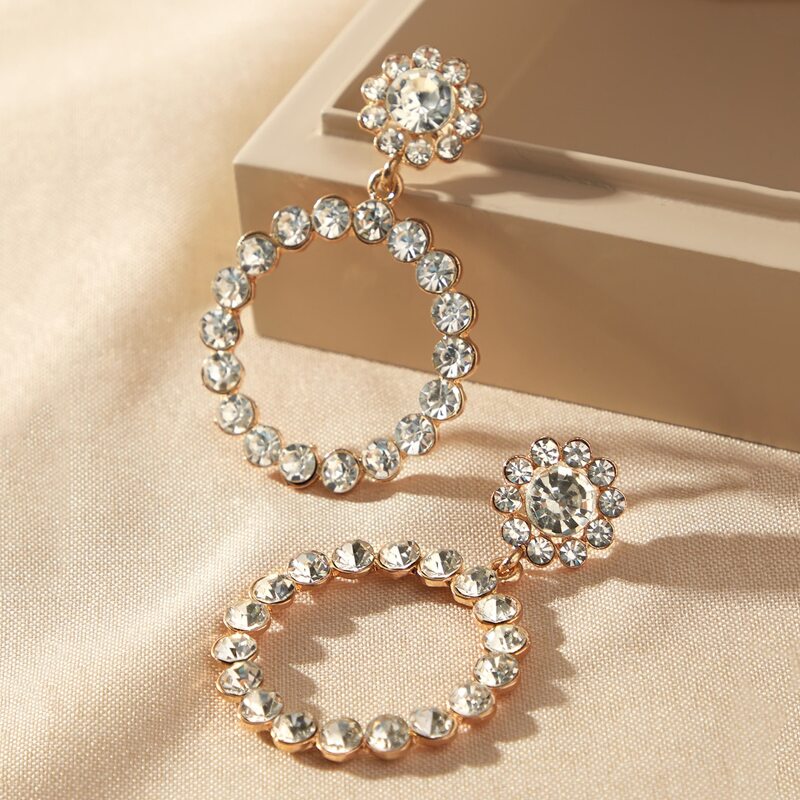 

1pair Rhinestone Engraved Round Drop Earrings, Gold