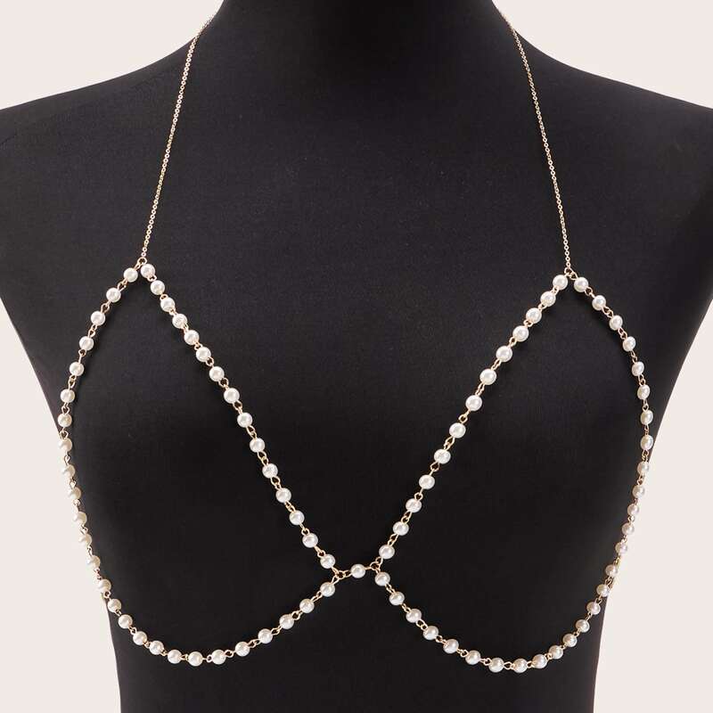 

1pc Pearl Harness Body Chain, Gold