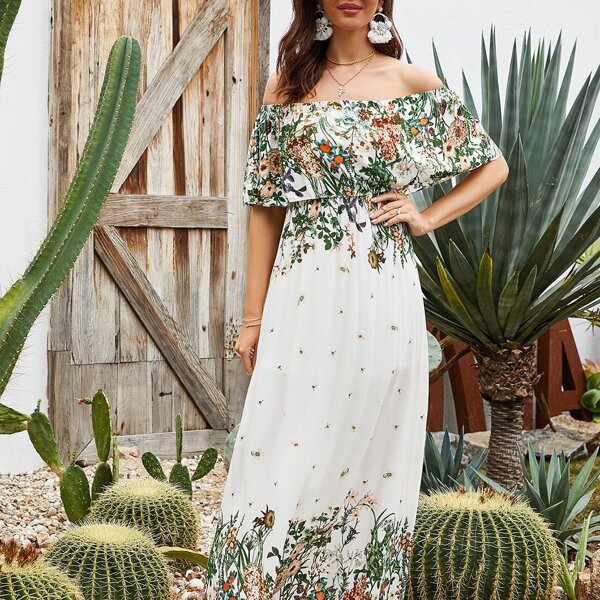 

Plants Print Bardot Ruffle Maxi Dress, White