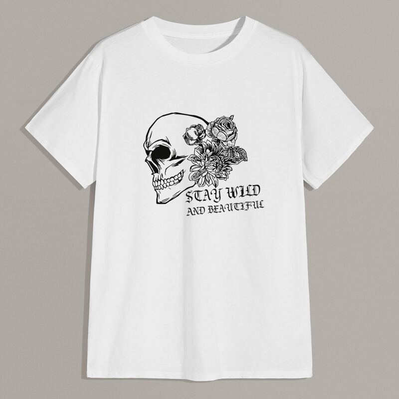 

Guys Skeleton & Flower & Slogan Graphic Tee, White