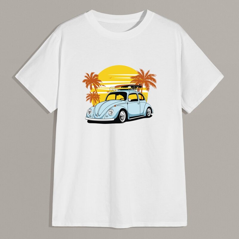 

Guys Car And Tropical Print Tee, White