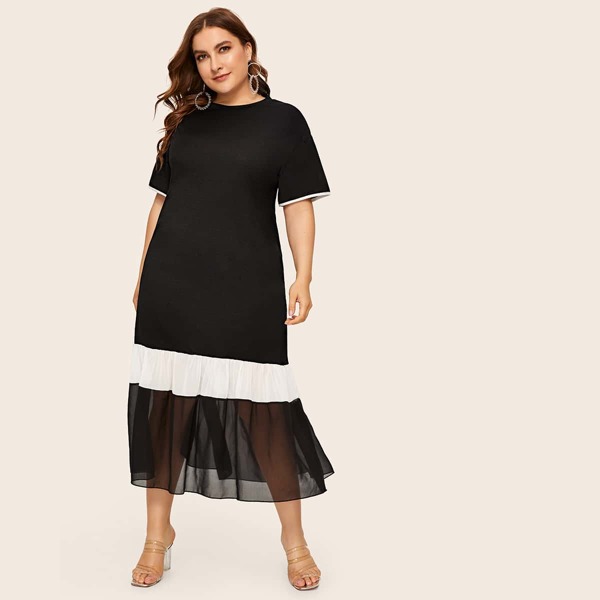 

Plus Contrast Panel Babydoll Dress, Black