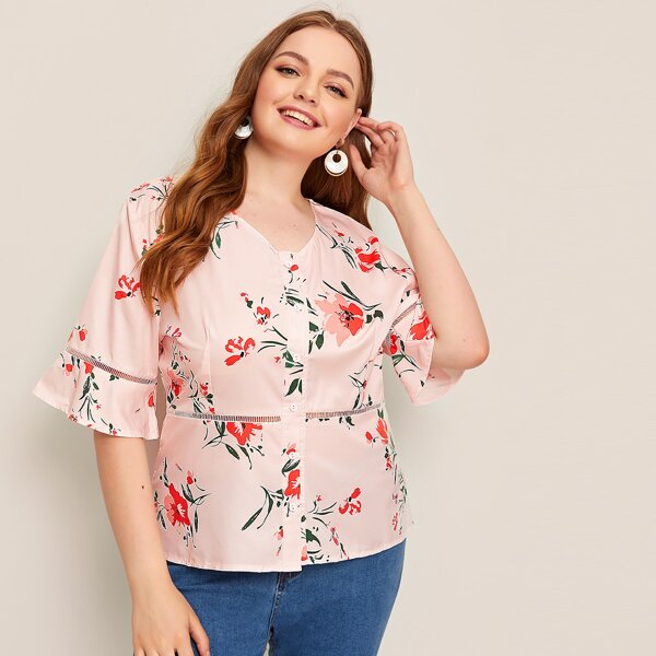 

Plus Floral Print Flounce Sleeve Blouse, Pink