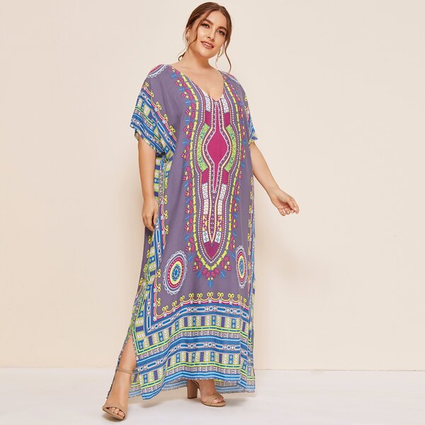 

Plus Tribal Print Split Hem Dress, Purple