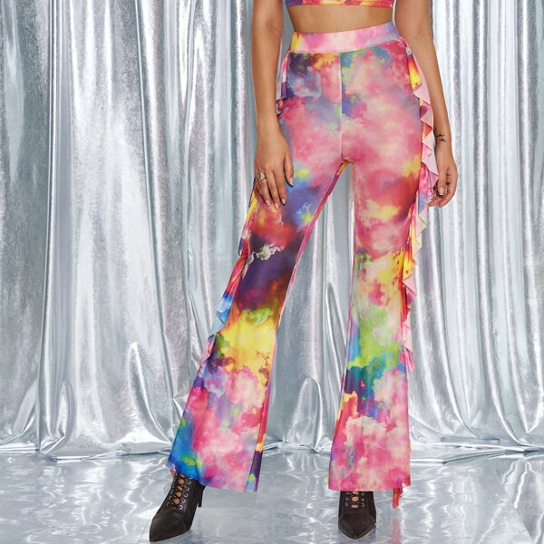 

Tie Dye Sheer Flare Leg Pants Without Bag, Multicolor