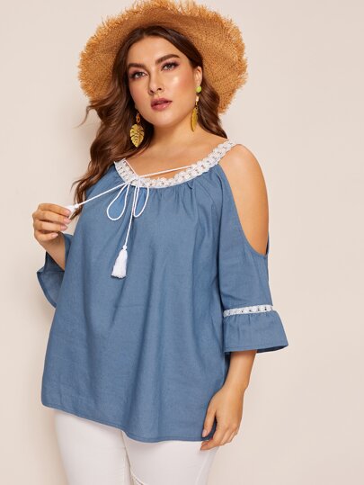 Plus Lace Panel Tie Front Cold Shoulder Denim Blouse