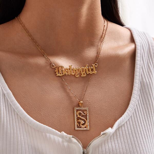 

2pcs Letter & Dragon Charm Necklace, Gold