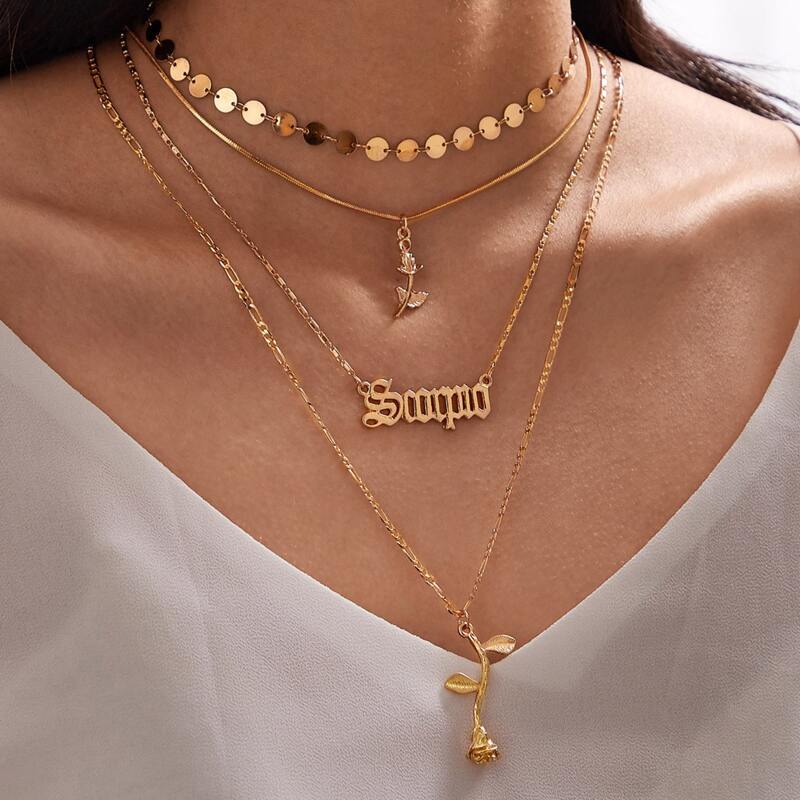 

3pcs Rose & Letter Charm Necklace, Gold