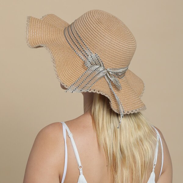 

Faux Pearl Detail Bow Decor Straw Hat, Khaki