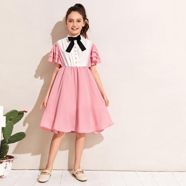 

Girls Bow Front Layered Sleeve Buttoned Pleated Detail Dress, Pink