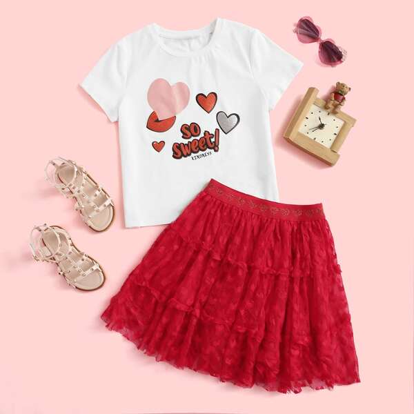 

Girls Heart and Slogan Graphic Top & Mesh Skirt Set, Multicolor