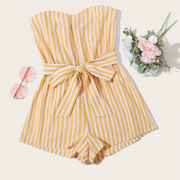 

Belted Striped Wide Leg Tube Romper, Yellow