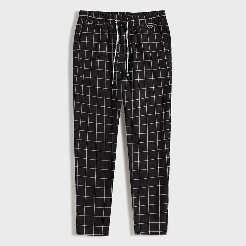 

Guys Drawstring Waist Slant Pocket Plaid Pants, Black