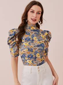 SHEIN Clasi Mock Neck Puff Sleeve Floral Top - Multicolor - View 1