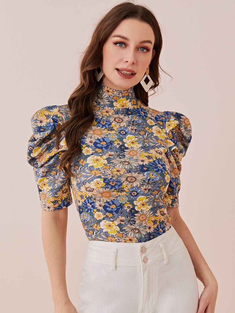 SHEIN Clasi Mock Neck Puff Sleeve Floral Top - Multicolor - View 1