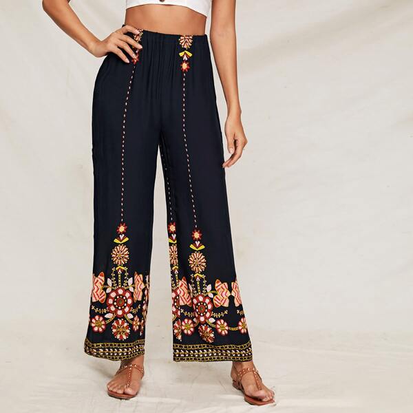 

Tribal Print Wide Leg Pants, Navy blue