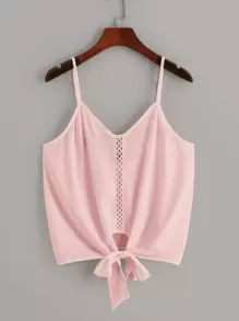 SHEIN VCAY 網眼蕾絲拼接繫帶下擺吊帶上衣 - 粉色 - 查看 1