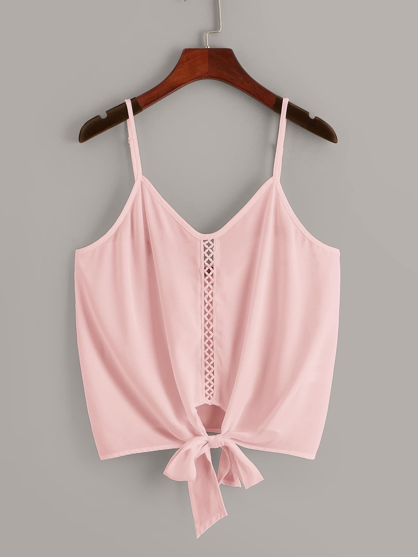 SHEIN VCAY 網眼蕾絲拼接繫帶下擺吊帶上衣 - 粉色 - 查看 1