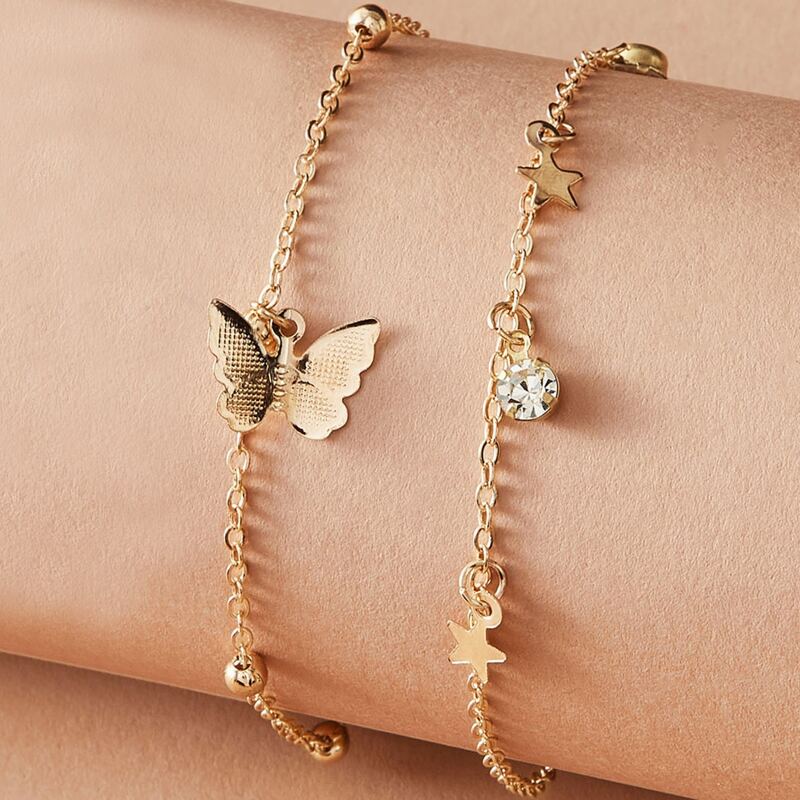 

2pcs Butterfly & Star Charm Chain Anklet, Gold