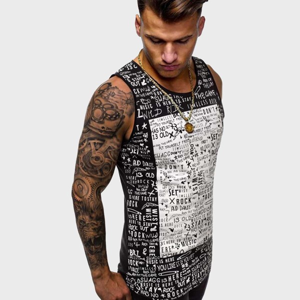 

Men Allover Letter Graffiti Print Tank Top, Black and white