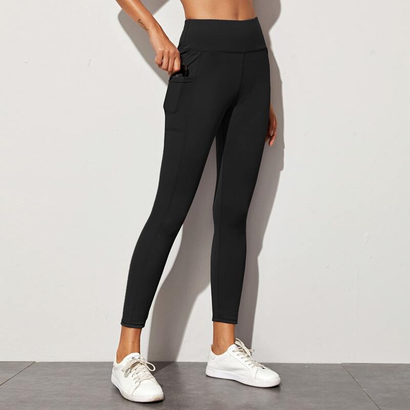 

Side Phone Pocket Solid Sports Leggings, Black