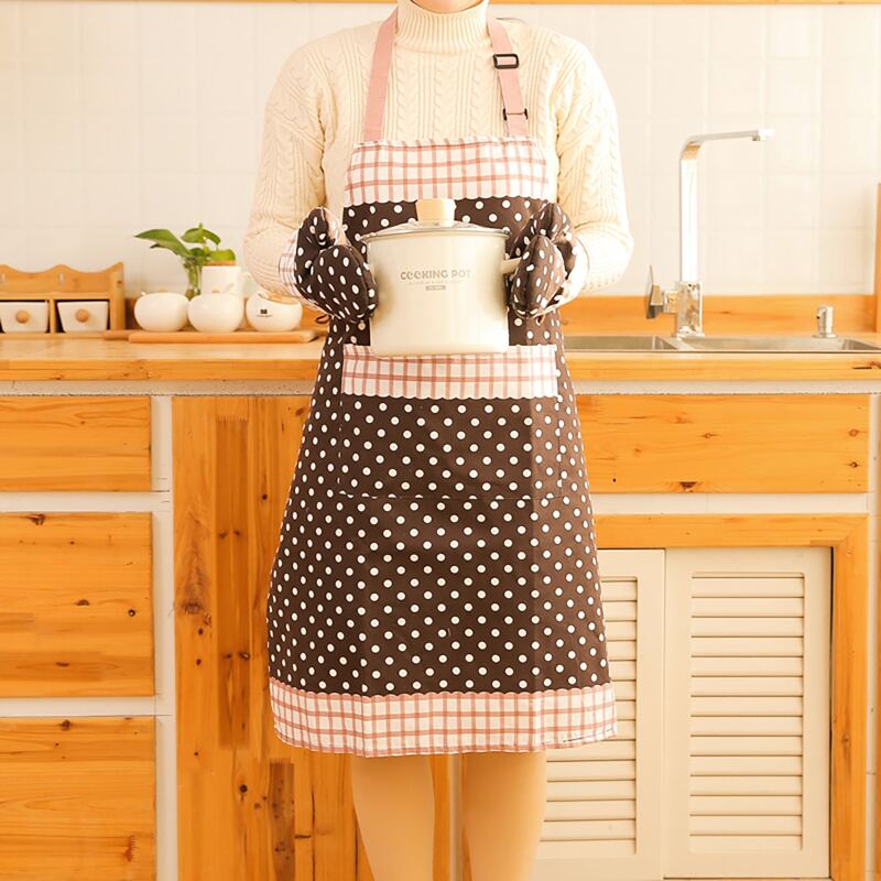 

1pc Polka Dot Apron With 1pair Insulation Gloves, Multicolor