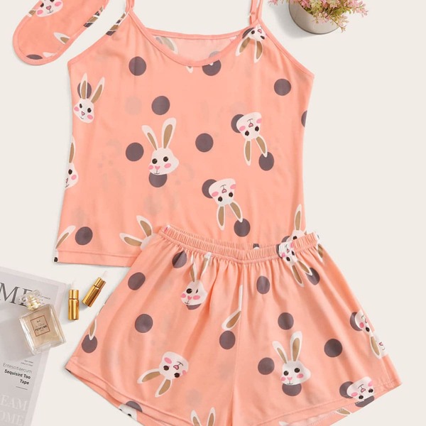 

Plus Cartoon Graphic PJ Set & Eye Cover, Pink