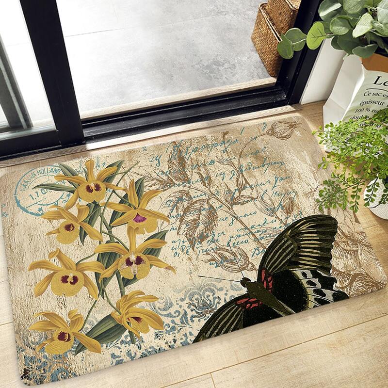 

Flower & Butterfly Print Door Mat, Multicolor