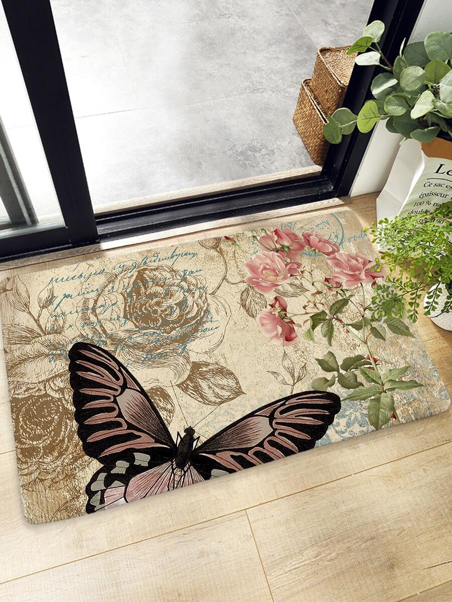 Alfombra de puerta con estampado de flor y mariposa - Multicolor - Ver 1