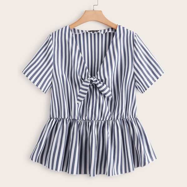 

Plus Tie Front Striped Smock Top, Navy blue