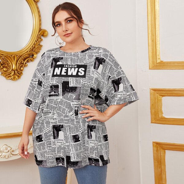 

Plus Drop Shoulder Newspaper Print Top, Black and white