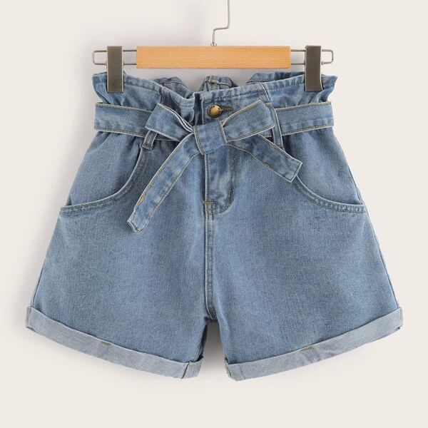 

Plus Paperbag Waist Belted Denim Shorts, Blue