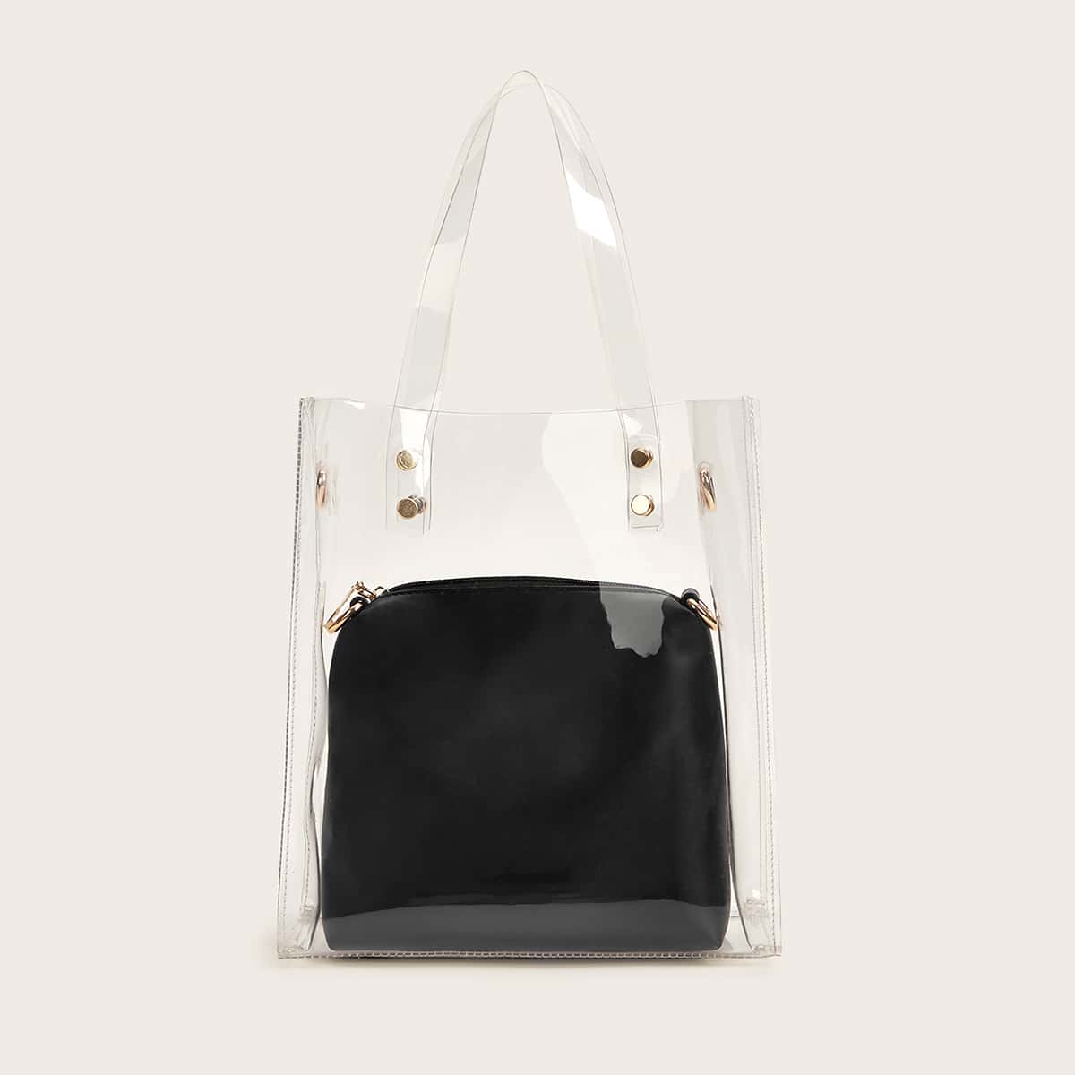 

2pcs Clear Tote Bag With Inner Pouch, Black
