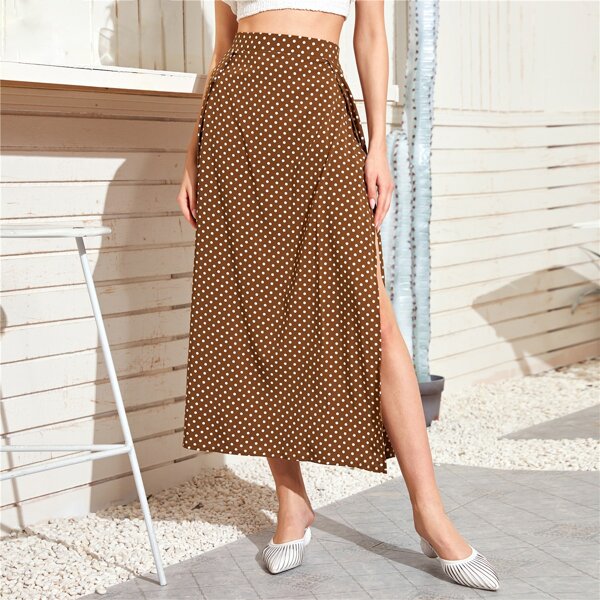 

Polka Dot Split Thigh Skirt, Brown